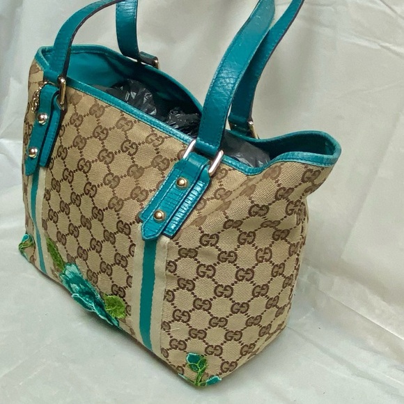 (SOLD) Vintage, Gucci, Rare, GG Coated Canvas with Teal Leather Shoulder Strap - Picture 3 of 12